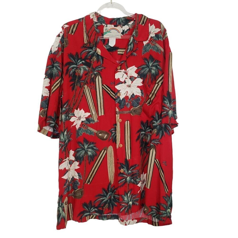 Paradise Found Vintage Hawaiian Shirt Floral Ukelele Vacation Aloha Mens Size XL